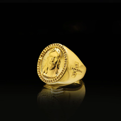 Anel Face de Cristo Cravejado - Banhado a Ouro 18K - comprar online