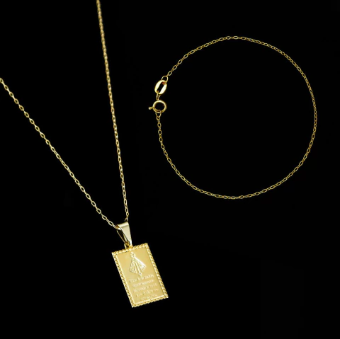 Kit Corrente Elo Cadeado (1mm) 60cm + Pulseira elo Cadeado (1mm) 21cm + Pingente Nossa Senhora C228/P331/PG113