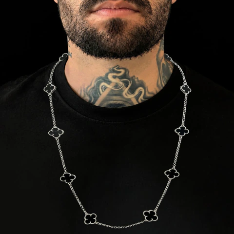 Corrente Trevo Preto (1mm) 13gr - 50cm, 60cm ou 70cm - Banhado a Prata 925 - Joias banhadas a ouro 18K | Dezoitok Joias