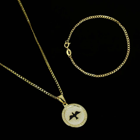 Kit Corrente Grumet (2mm) 70cm + Pulseira Grumet (2mm) 21cm + Pingente Medalha da Paz Vazado C0011/P004/PG135