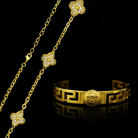 kit Corrente Trevo Cravejado (1,5cm) 15gr - 60cm + Bracelete Medusa (11mm) C0066/P089