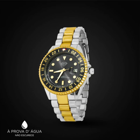 Relógio Imperador G masculino, analógico, à prova d'água, com pulseira de metal bicolor dourada e prateada, mostrador preto e detalhes dourados.