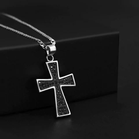 Pingente Cruz Detalhada Cravejada Preta 2,5x1,8cm - Banhado a Prata 925