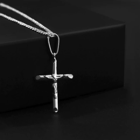 Pingente Jesus na Cruz Ponta Facetada 2,3x1,6cm - Banhado a Prata 925