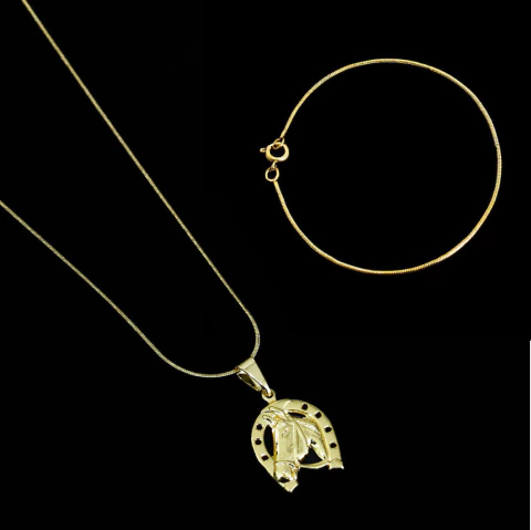 Kit Corrente Rabo de Rato (1,5mm) 4gr 70cm + Pulseira Rabo de Rato (2mm) + Pingente Ferradura Pequeno C0004/P007/PG144