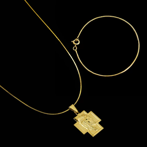 Kit Corrente Rabo de Rato 1,5mm 70cm + Pulseira Rabo de Rato 2mm 21cm + Pingente Cruz Face de Cristo - C0004/P007/PG198