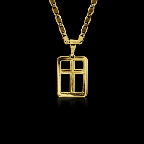 PINGENTE PLAQUINHA VAZADA COM CRUZ LISA BANHADO A OURO 18K DA MARCA DEZOITOK JOIAS