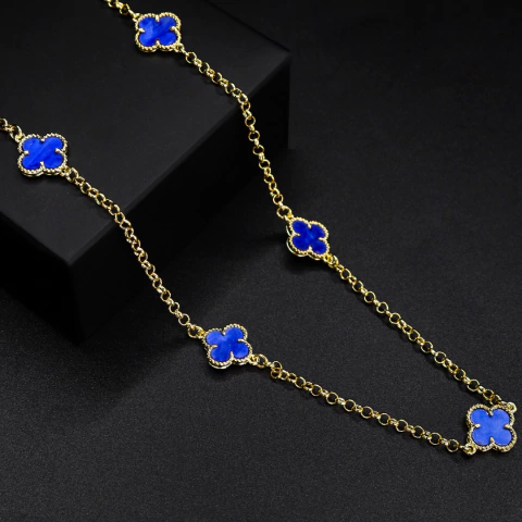 Corrente Trevo Mini Azul - 60cm - Banhado a Ouro 18K - comprar online