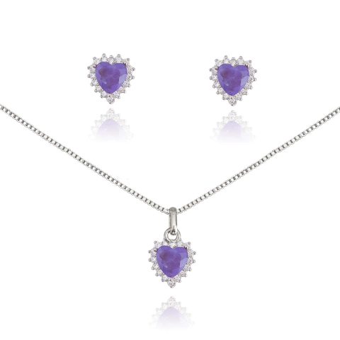 Conjunto Princess Coração Ametista Prateado