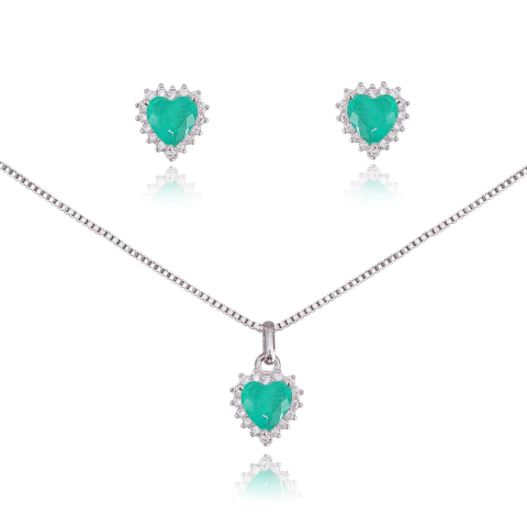 Conjunto Princess Coração Turmalina Prateado