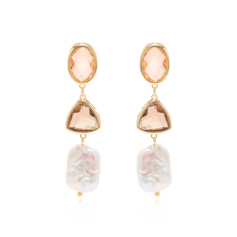 Brinco Briollet - Pérolas Formato Barroca e Cristais Morganita e Fumê Banhado a Ouro 18k