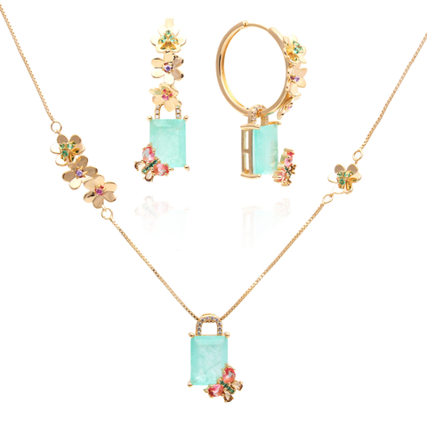Conjunto Colar e Brinco Jardim Florido Dourado