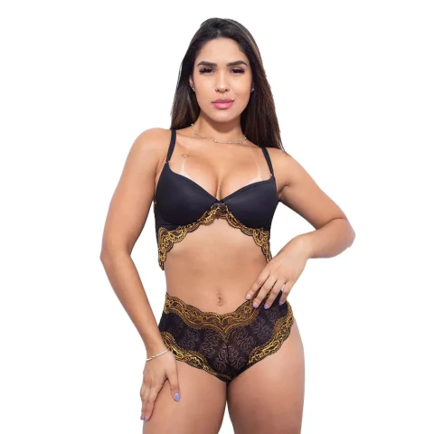 CONJUNTO SENSUAL RENDADO COM BOJO PRETO COM DOURADO