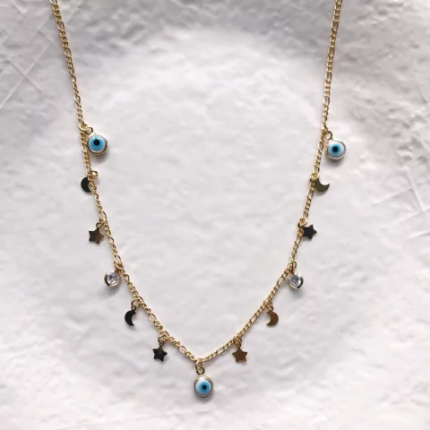 Colar de olho grego, estrelinha e lua