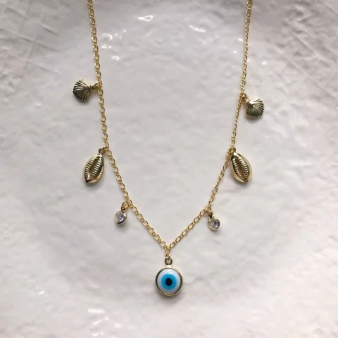 Colar olho, búzio, concha e ponto de luz