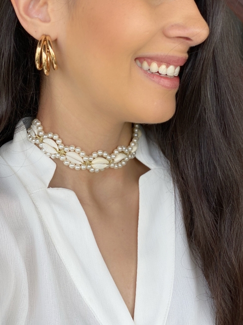 choker búzios naturais com pérolas