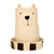 Maceta de cerámica con forma de oso polar, color blanco, con un platito a rayas negras y blancas.