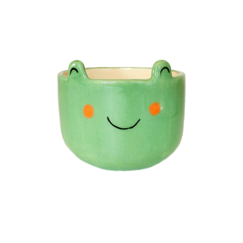 Maceta decorativa de ceramica, realizada en forma de ranita, artesanalmente por emprendedoras, color verde con cara sonriente y mejillas naranjas.