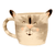 Taza de cerámica con diseño de gatito sonriente en tonos gris y beige.