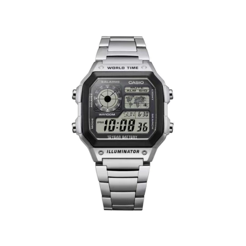 Relógio digital Casio World Time Royale AE-1200WHD-1AVDF com pulseira de metal prata e múltiplas funções exibidas no visor