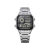 Relógio digital Casio World Time Royale AE-1200WHD-1AVDF com pulseira de metal prata e múltiplas funções exibidas no visor