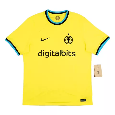 Camisa Nike Inter Milão 2022/2023 Third amarela com detalhes em azul e preto, com logo do clube e patrocinador digitalbits