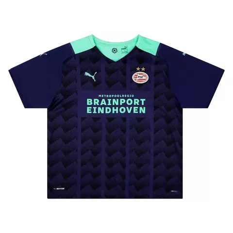 Camisa Puma PSV Eindhoven 2021/2022 Away azul escuro com detalhes em azul claro e logo do time na frente