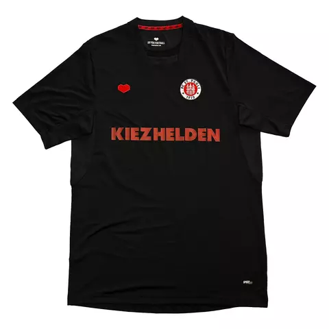 Camisa preta do time St Pauli 2013/2014 modelo Third com logo do clube e estampa em vermelho Kiezhelden