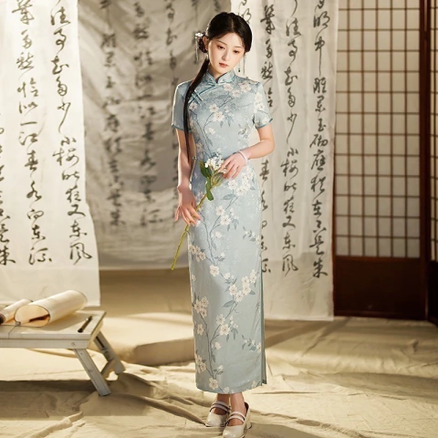 Vestido Longo ( Qpao) Sakura Verde Água