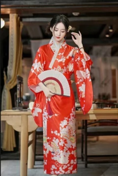 Yukata Feminina adulto Vermelha Floral