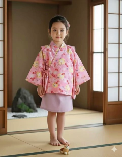 Imagem do Yukata Infantil em Algodão Peixinhos e sakuras - 2 a 3 anos - Rosa