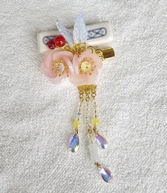 Kanzashi Acessório para cabelo em pedraria com pingente - Rosa com vermelho - comprar online