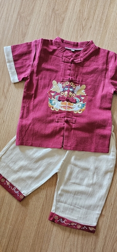 Conjunto oriental menino Algodão Vermelho com calça - Kimonos Liberdade