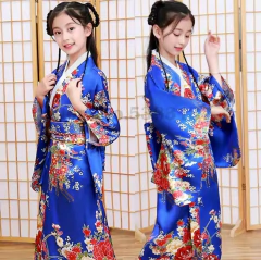 Yukata Infantil Em Seda Estampa Flor Da Fortuna - Azul Royal - Kimonos Liberdade