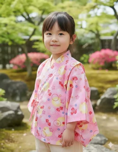 Yukata Infantil em Algodão Peixinhos e sakuras - 2 a 3 anos - Rosa - loja online