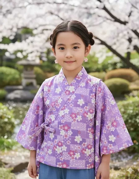 Yukata Infantil em Algodão Sakuras - 4 anos - Lilás - comprar online