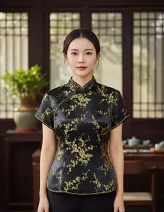 Blusa Chinesa Preta com Estampa Flor De Cerejeira Dourada - comprar online