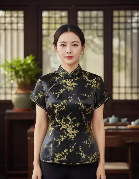 Blusa Chinesa Preta com Estampa Flor De Cerejeira Dourada - comprar online