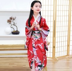 Yukata Infantil Em Seda Estampa Pavão Vermelha