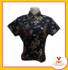 Blusa Chinesa Com Estampa Dragão E Fênix - Preta * na internet