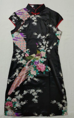 Vestido De Cetim com Pavão - Preto - comprar online