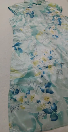 Vestido De Cetim com Flor Azul Turquesa - Kimonos Liberdade