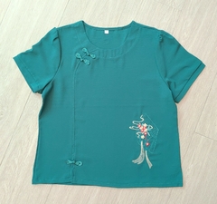 Blusa oriental Verde Bordada - Leque