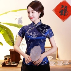 Blusa Chinesa Com Estampa Flor De Cerejeira Azul