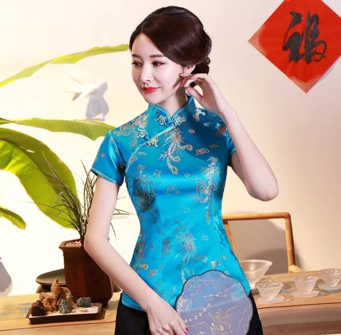 Blusa Chinesa Com Estampa Dragão E Fênix - Azul Turquesa