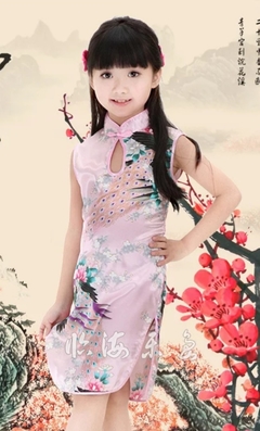 Vestido Infantil Rosa Com Estampa De Pavão - Gola Aberta