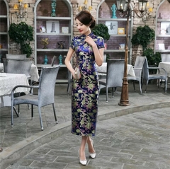 Vestido Oriental Longo Azul Royal Flor da Fortuna - Kimonos Liberdade