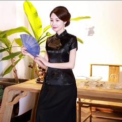 Blusa Chinesa Com Estampa Flor De Cerejeira - TODA PRETA