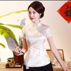 Blusa Chinesa Com Estampa Flor De Cerejeira - Branca