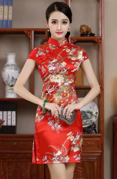 Vestido Curto De Cetim Fino Com Flores Fortuna - Vermelho - comprar online